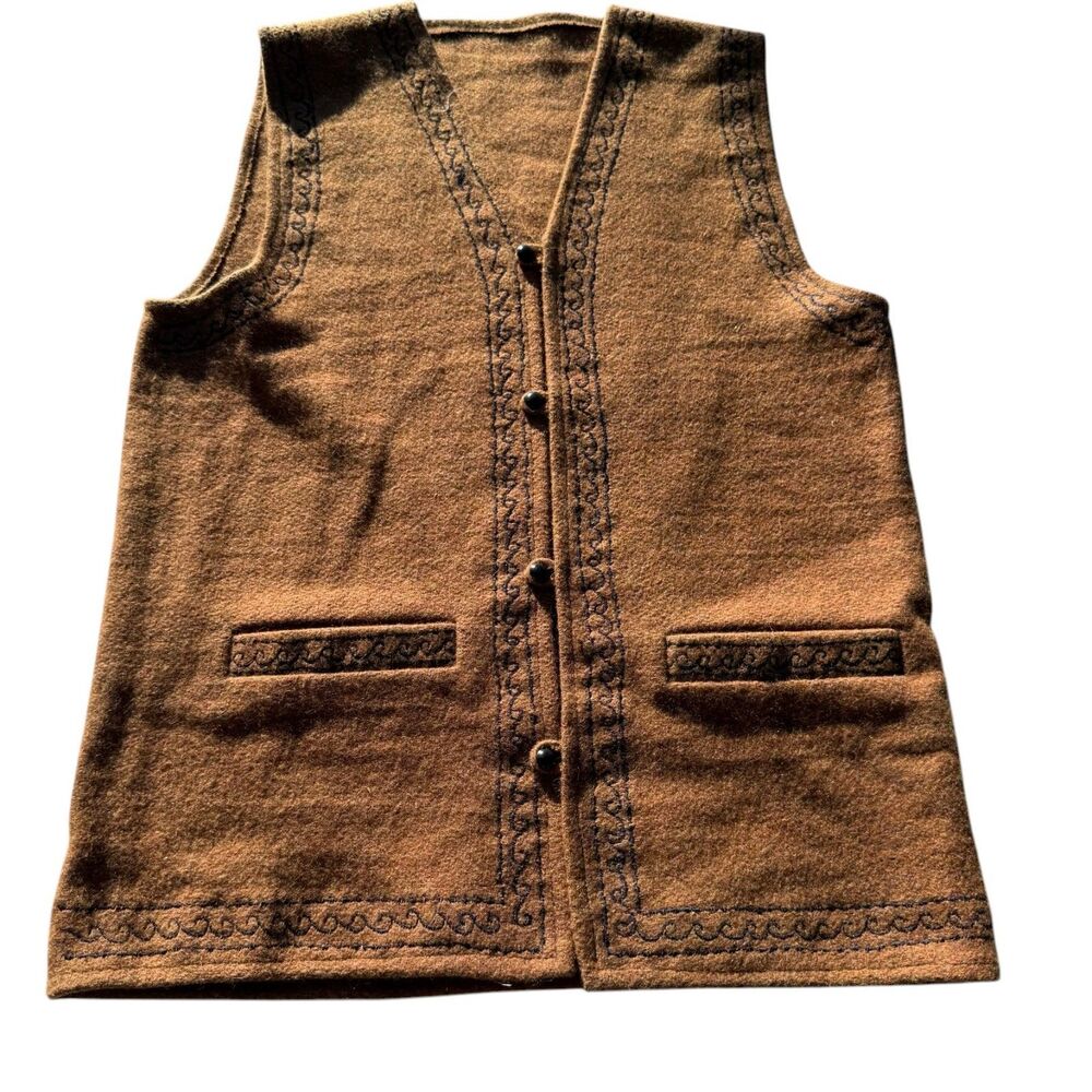 Vintage Brown Wool Blend Western Southwestern Embroidered Button Vest Women's